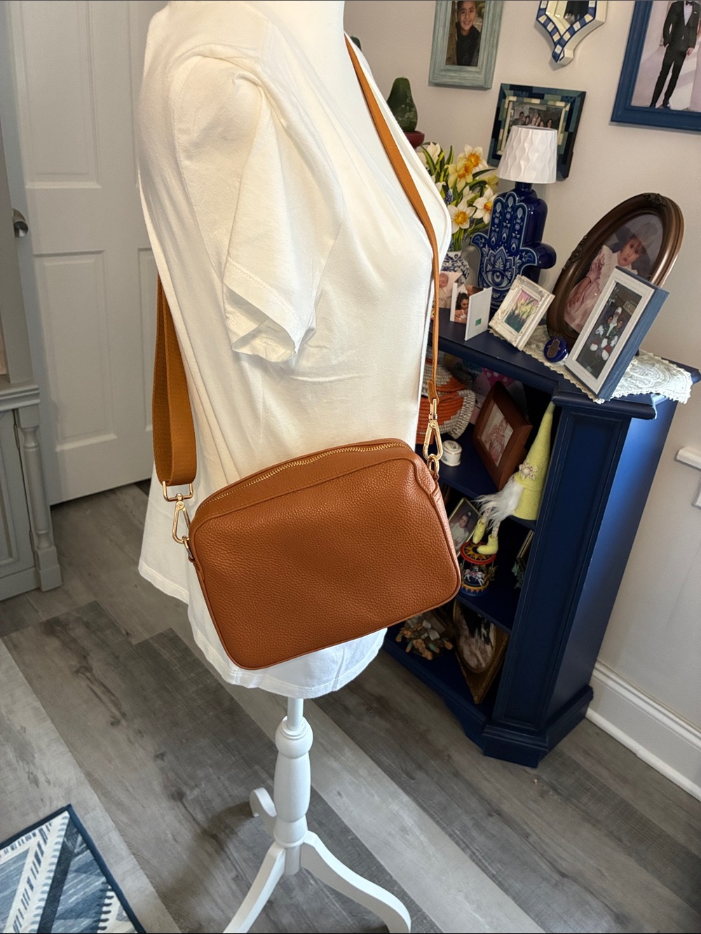 Pebbled Leather Crossbody Bag in Cognac Brown